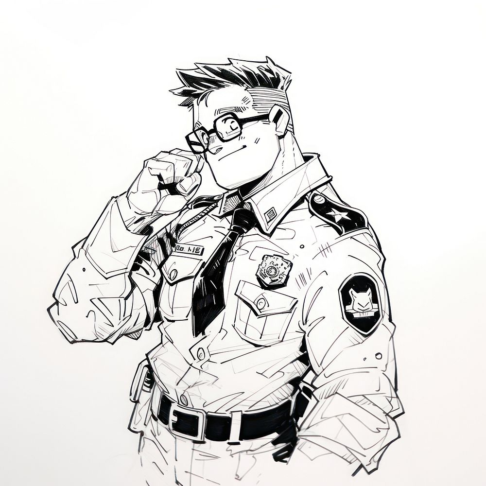 Outline sketching illustration of a friendly policeman cartoon drawing comics.