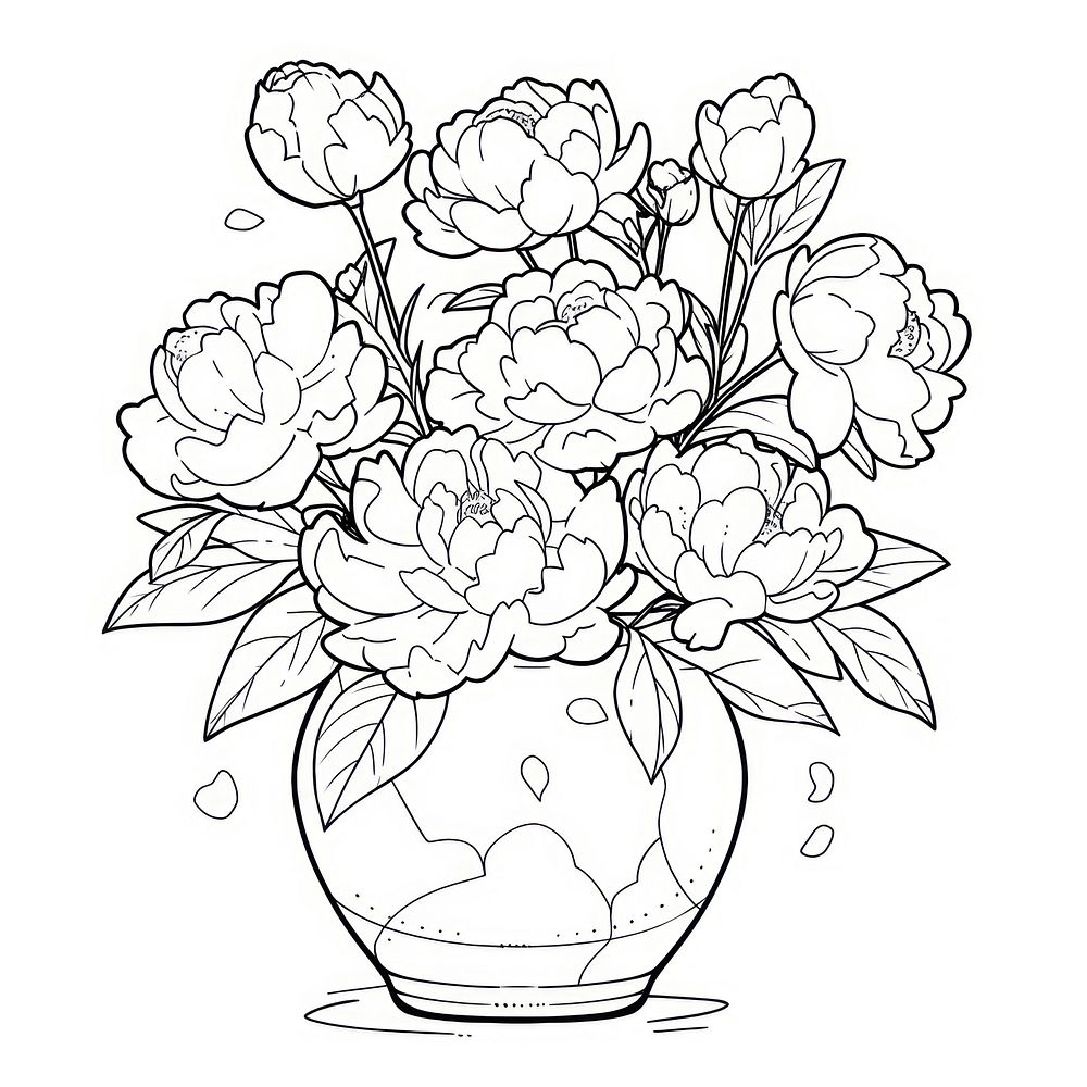 Outline sketching illustration of a peony pot cartoon drawing plant.