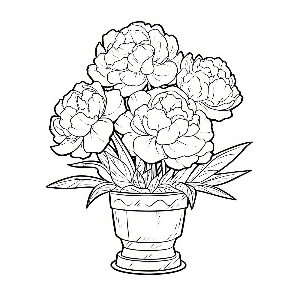 Outline sketching illustration of a peony pot cartoon drawing flower.