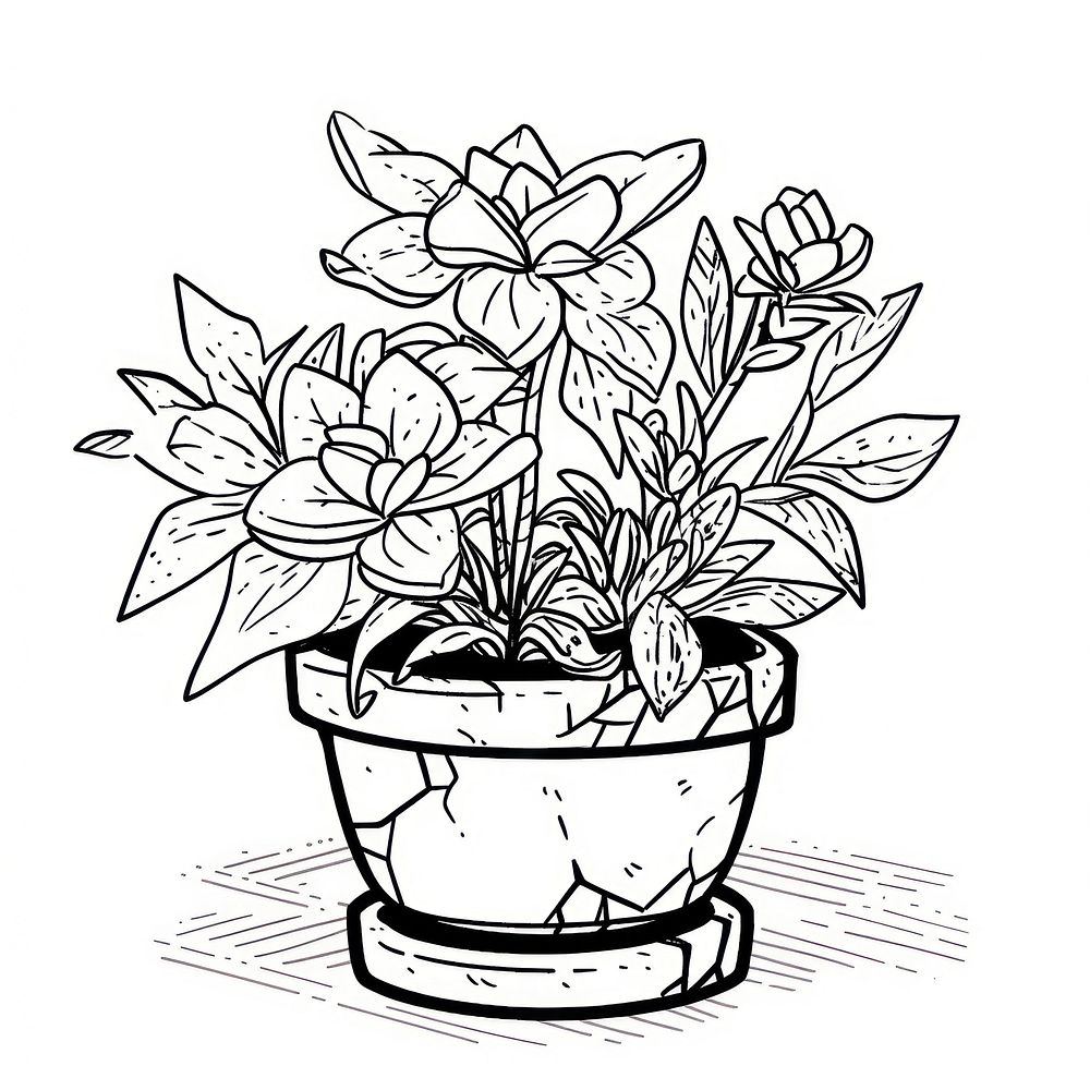 Outline sketching illustration of a plant pot cartoon drawing flower.