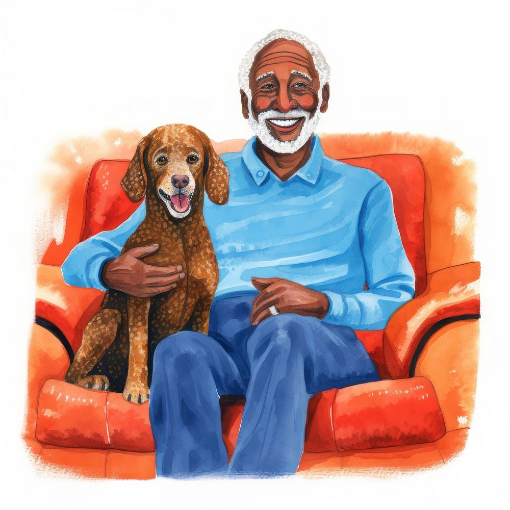 Grandpa sitting on a couch painting portrait animal.