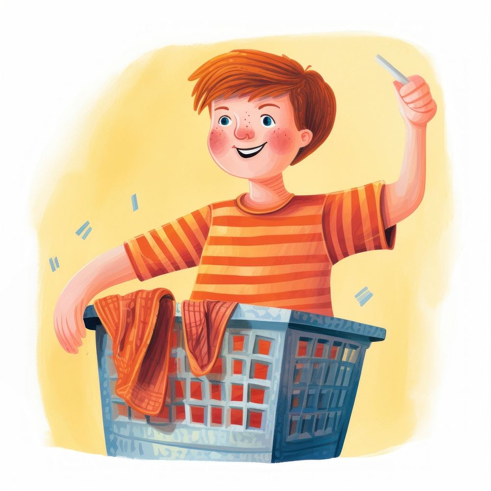 Kid holding laundry basket white background consumerism photography.