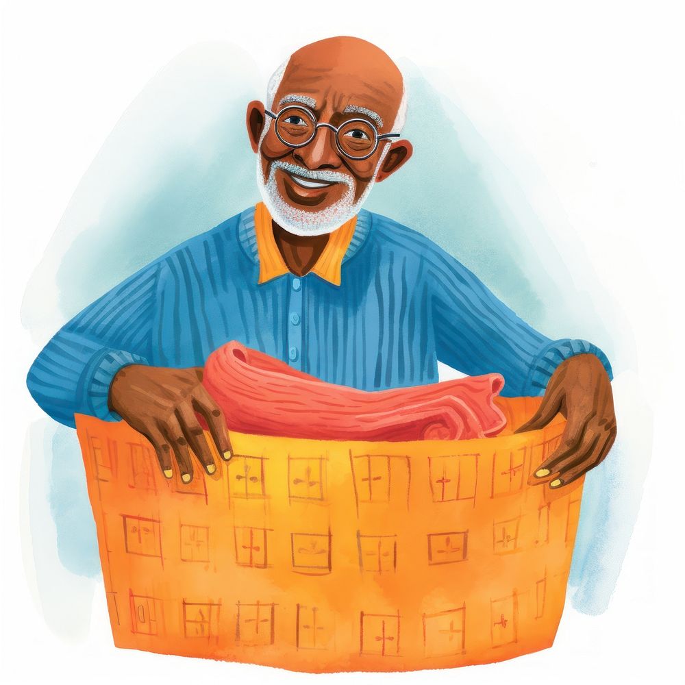 Grandfather holding laundry basket portrait adult white background.