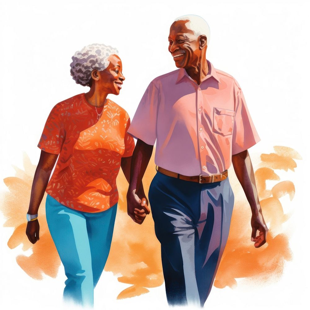Elder couple walking adult togetherness accessories.