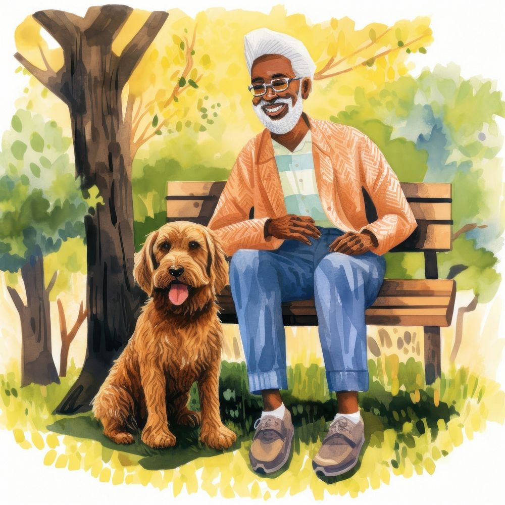 Grandpa sitting with dog footwear portrait outdoors.