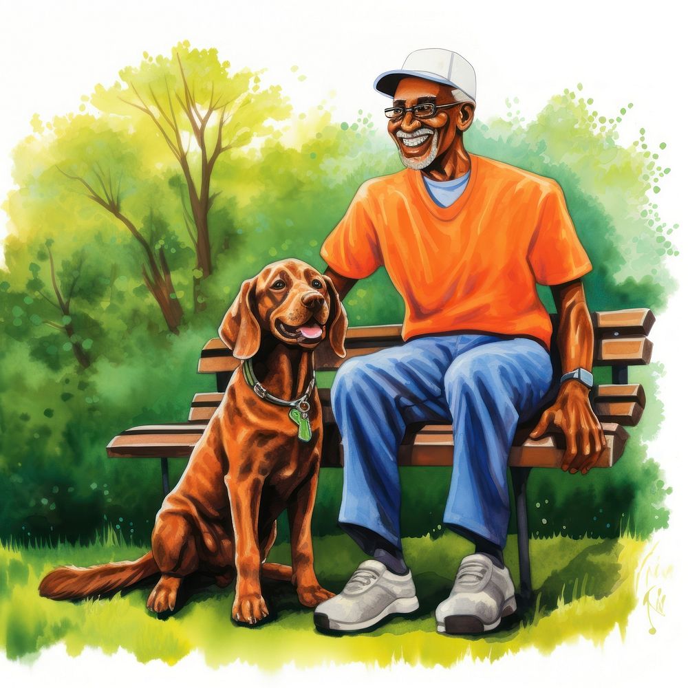 Grandpa sitting with dog mammal bench adult.