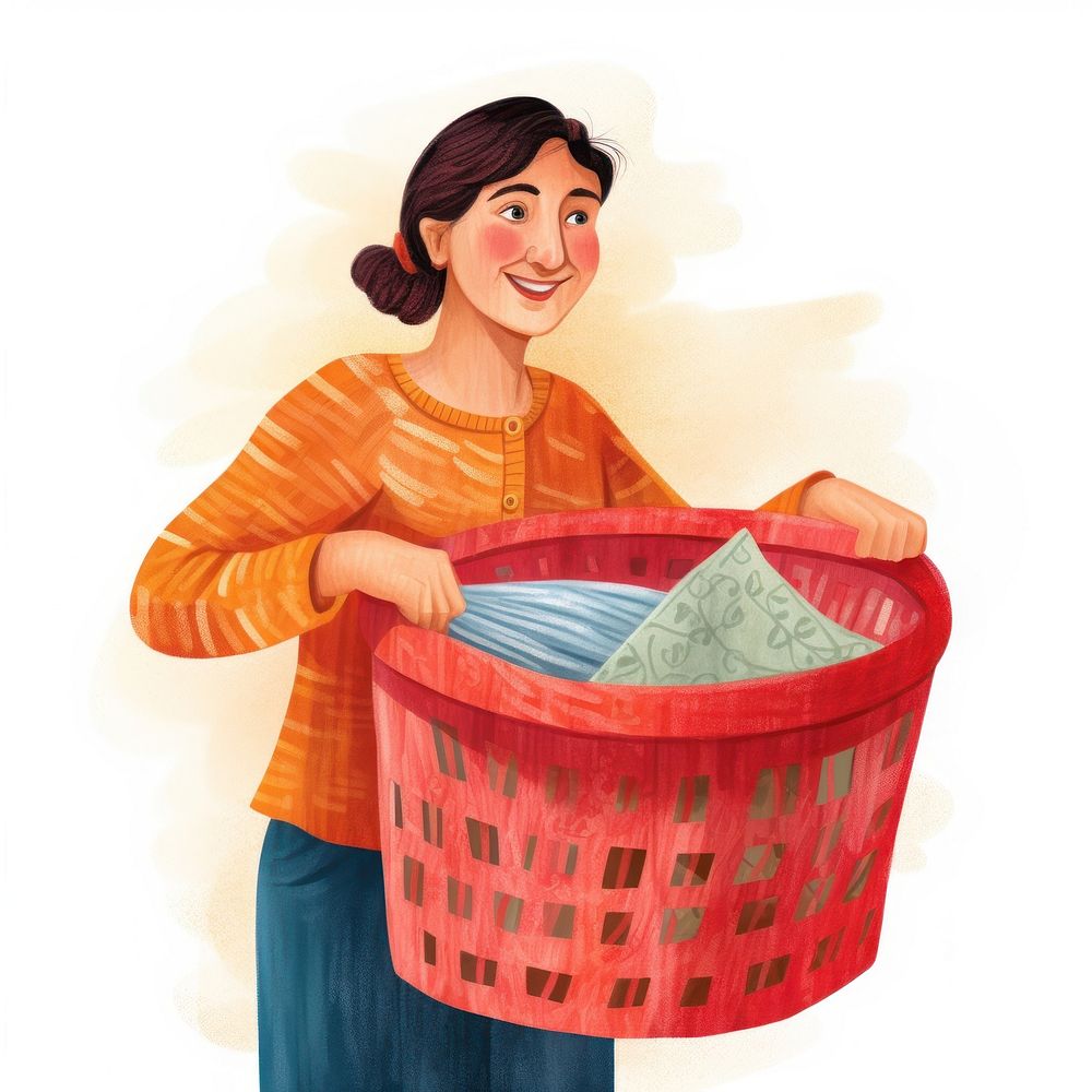 Mother holding laundry basket adult red white background.