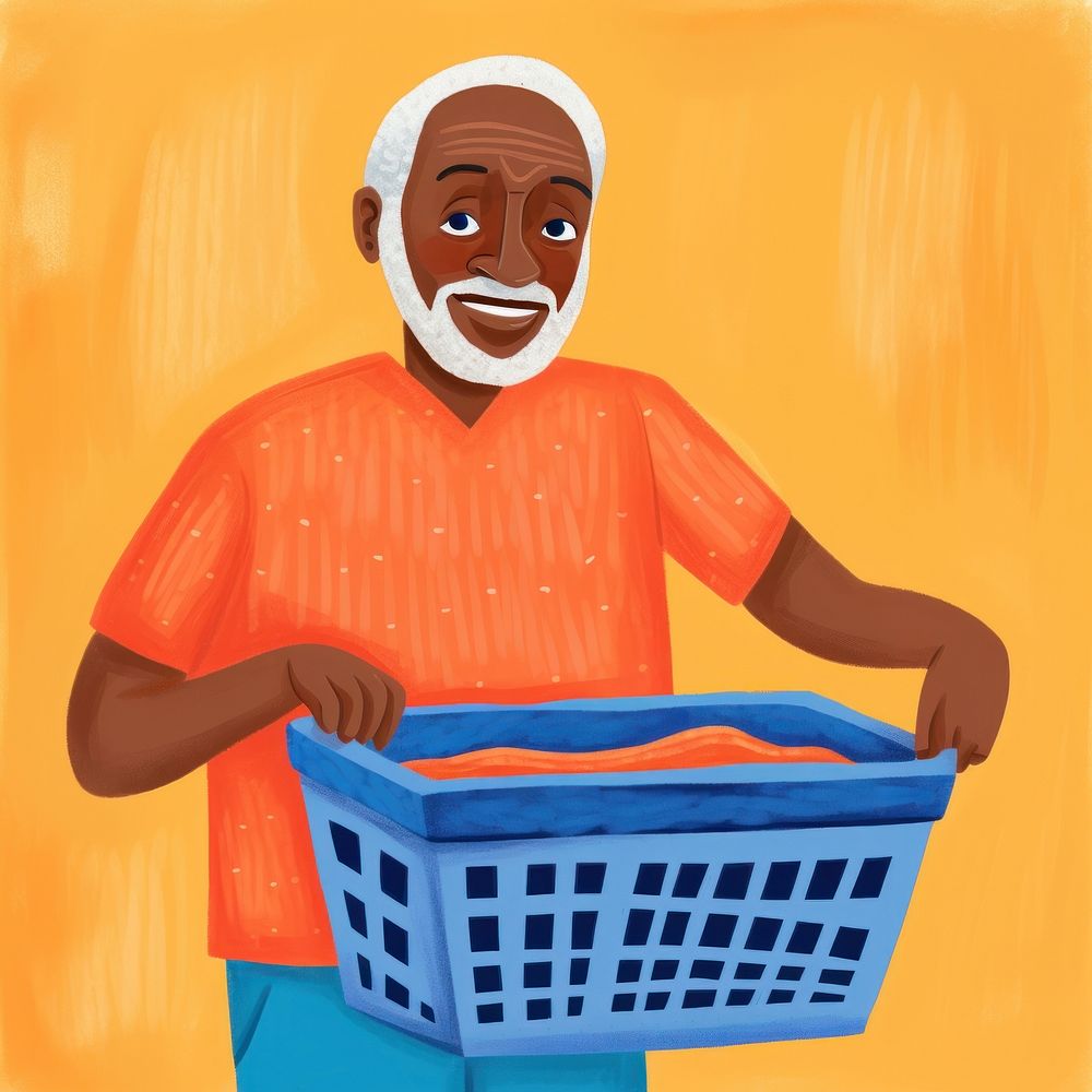 Grandfather holding laundry basket housework container happiness.