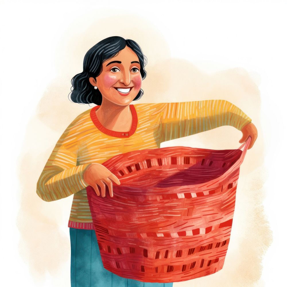 Mother holding laundry basket adult red illustrated.