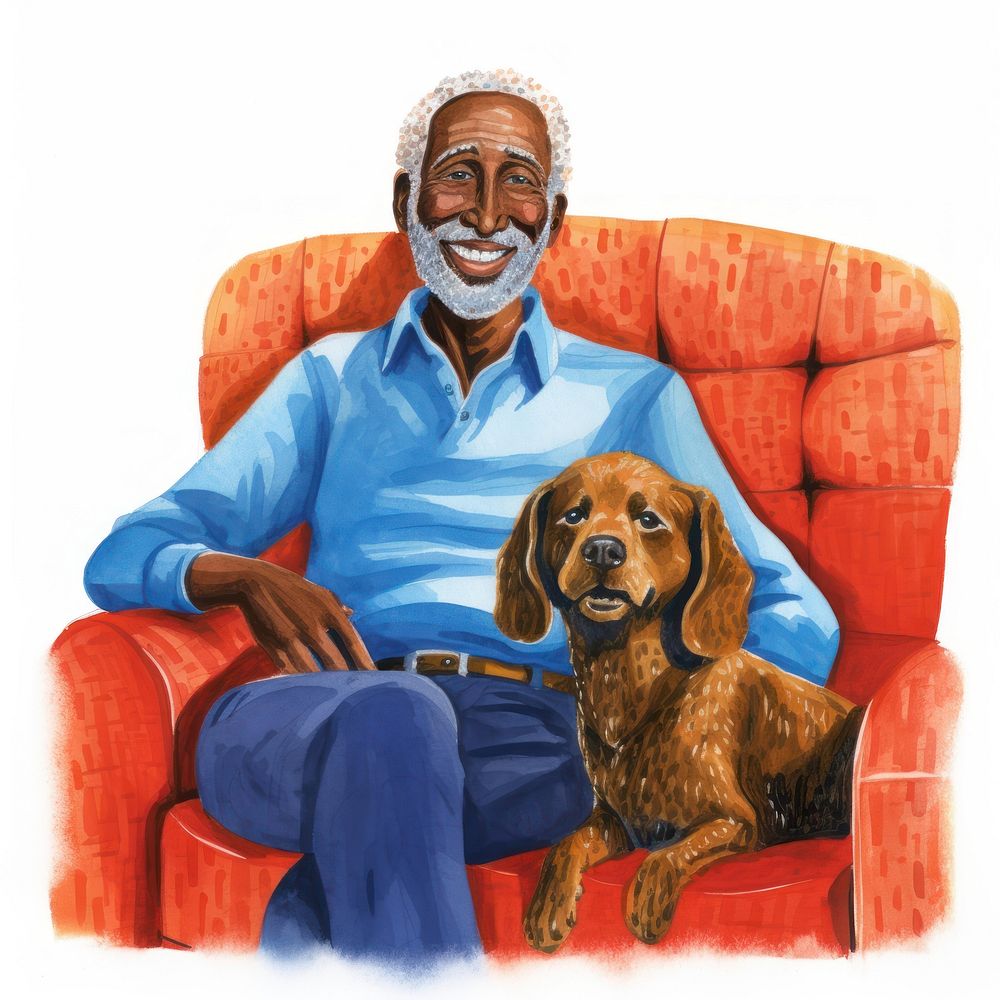 Grandpa sitting on a couch furniture portrait mammal.