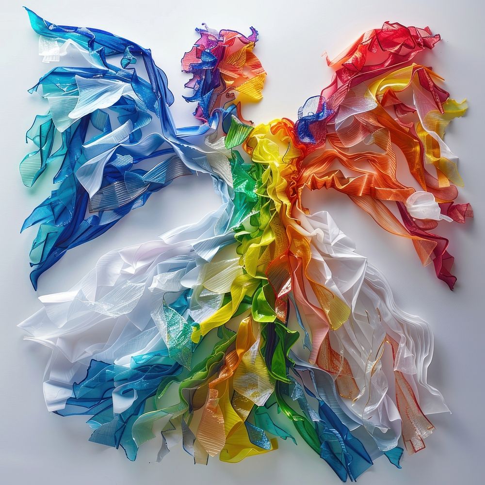 Angel made from polyethylene plastic paper art.