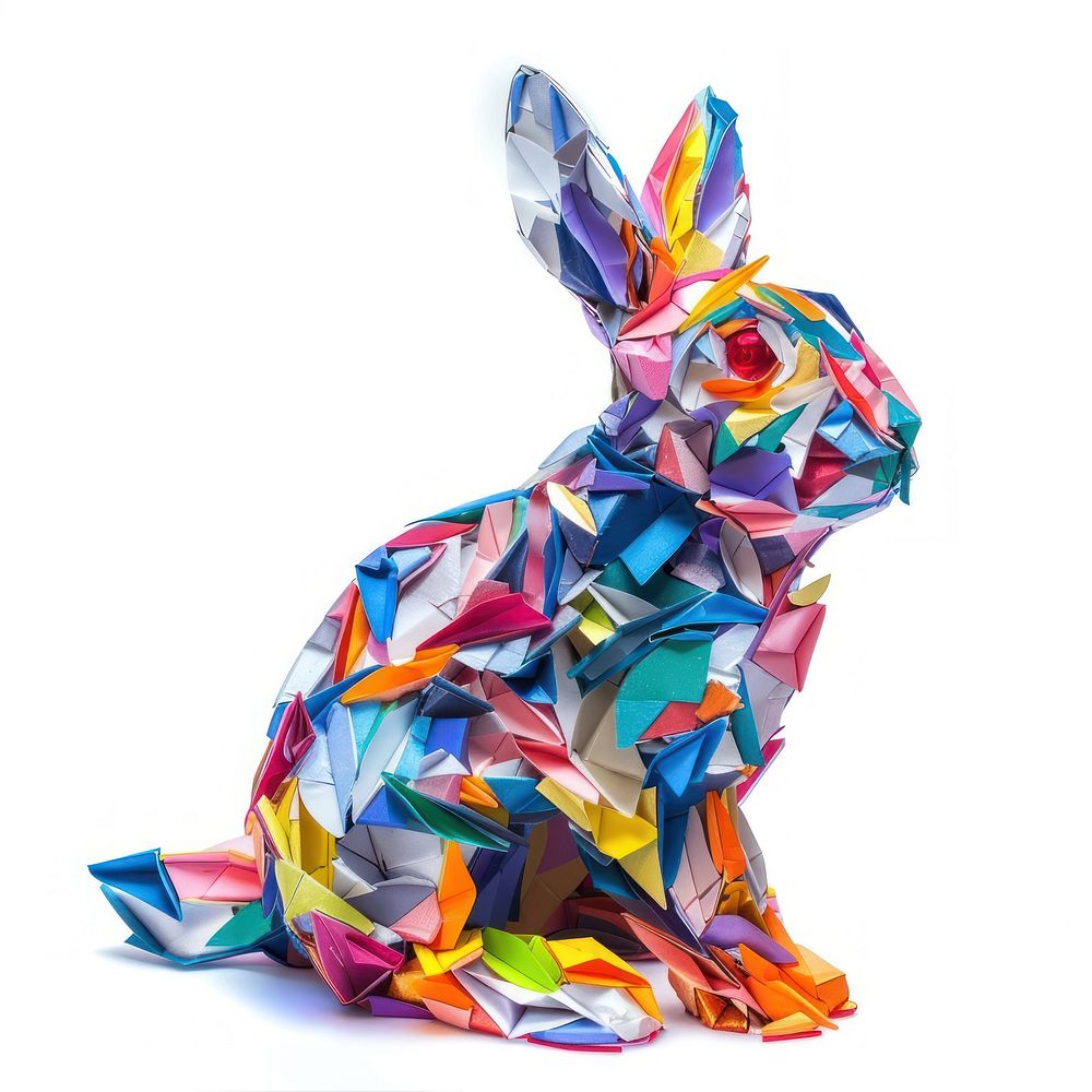 Rabbit made from polyethylene origami art white background.