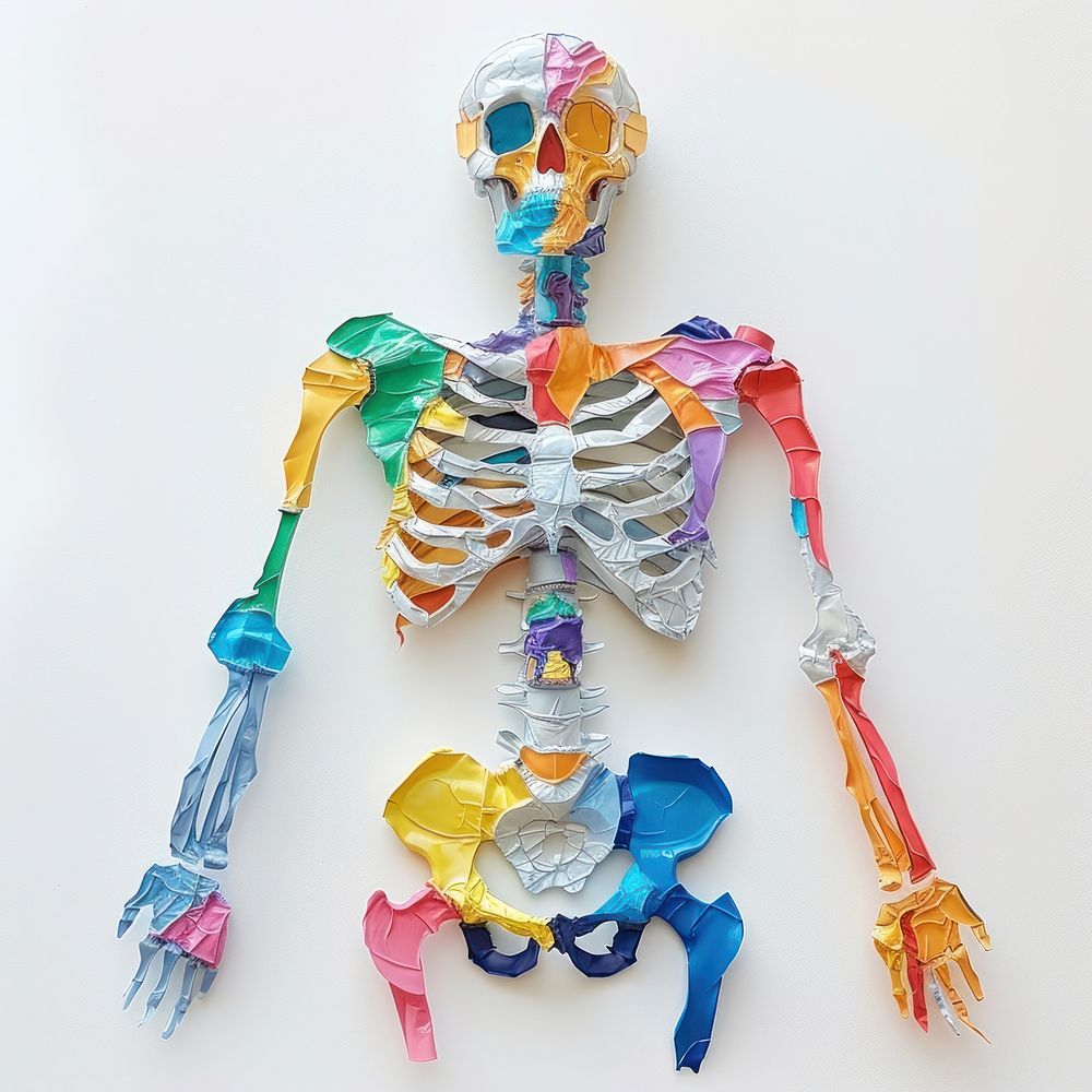 Skeleton made from polyethylene art toy white background.