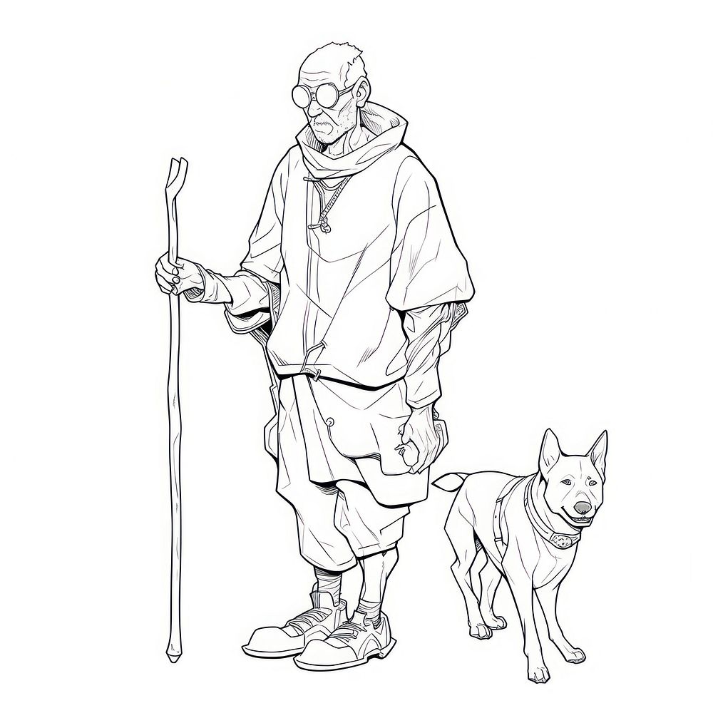 Illustration of a blind man with walking stick and dog sketch cartoon drawing.