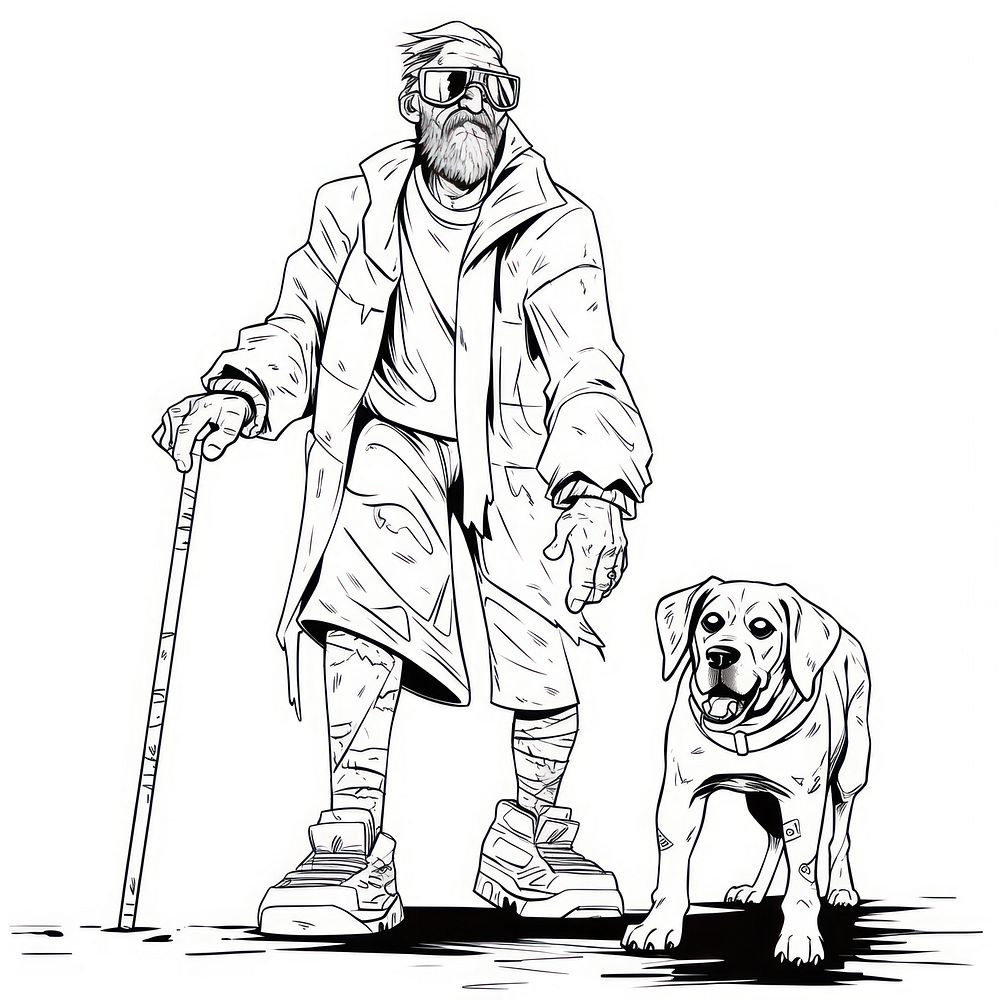 Illustration of a blind man with walking stick and dog sketch drawing cartoon.