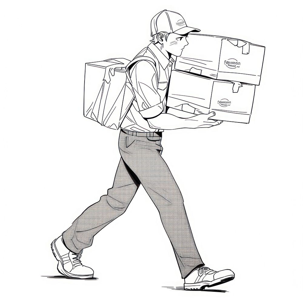 Illustration of a deliveryman sketch cardboard footwear.