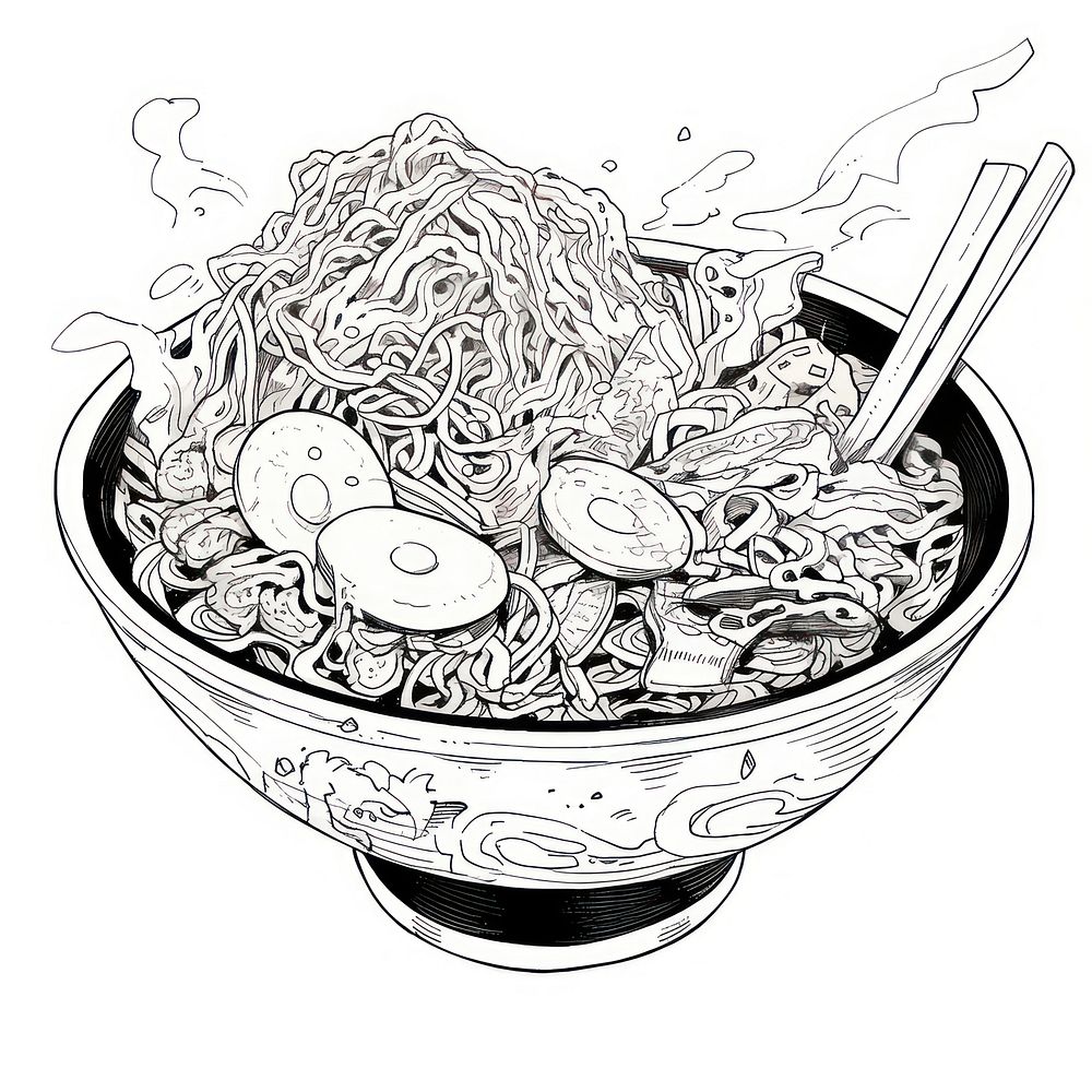 Illustration of a simple ramen bowl sketch cartoon drawing.