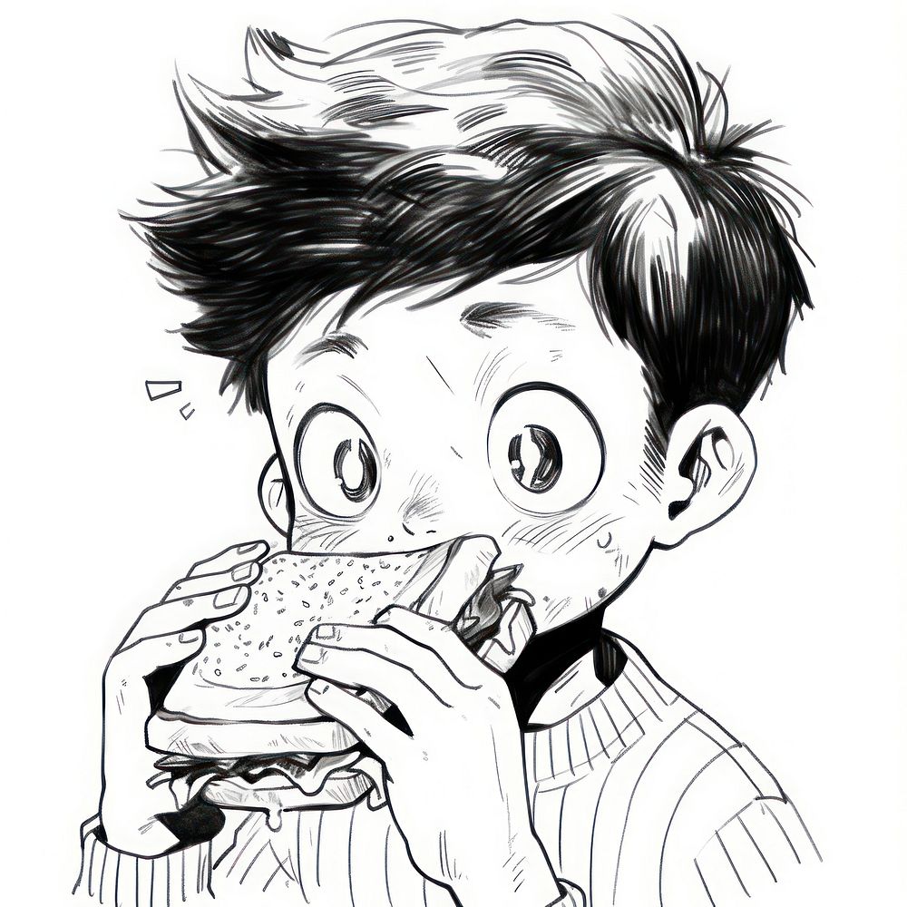 Illustration of a boy eating sandwich sketch drawing cartoon.