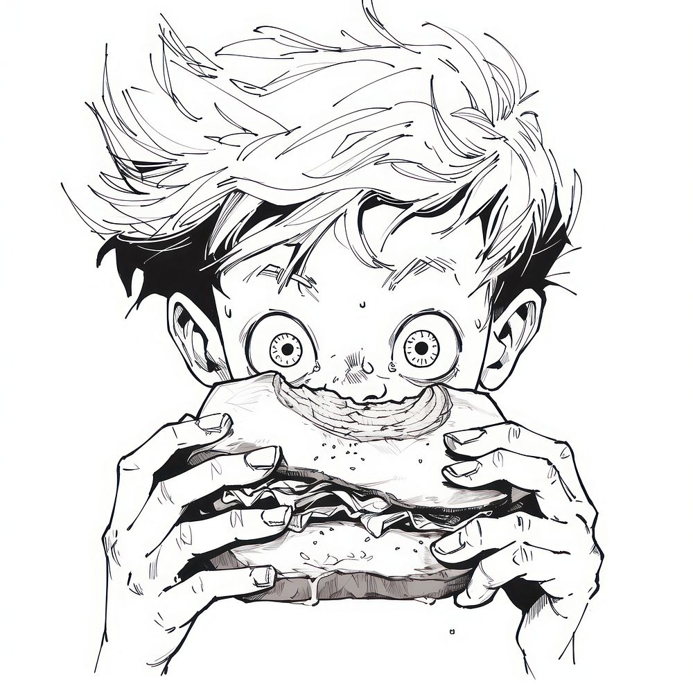 Illustration of a boy eating sandwich sketch cartoon drawing.
