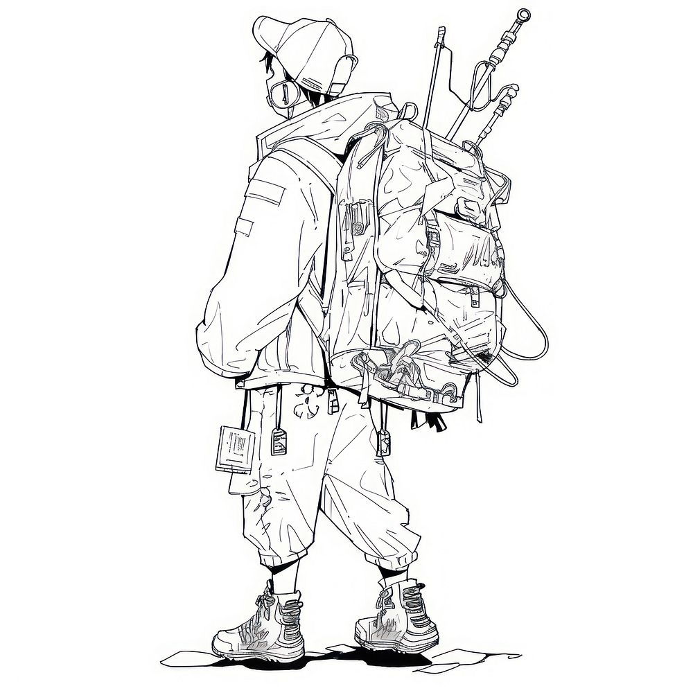 Illustration of a minimal simple backpacker sketch cartoon drawing.