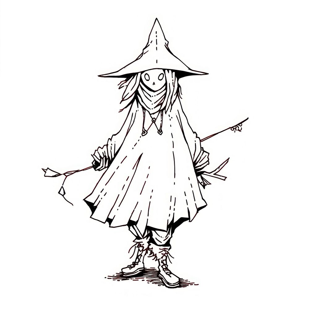 Illustration of a minimal simple witch sketch cartoon drawing.