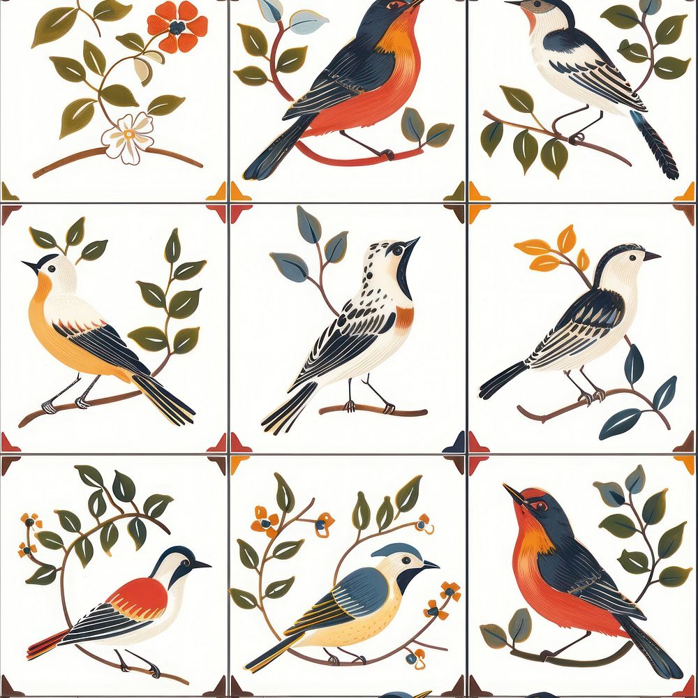 Tiles of bird pattern animal perching graphics.