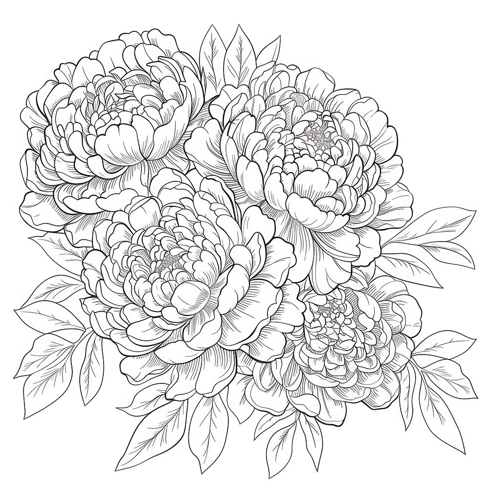 Peony flowers illustrated drawing reptile.