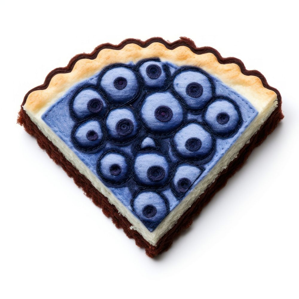 Felt stickers of a single blueberry cheese pie confectionery porcelain produce.