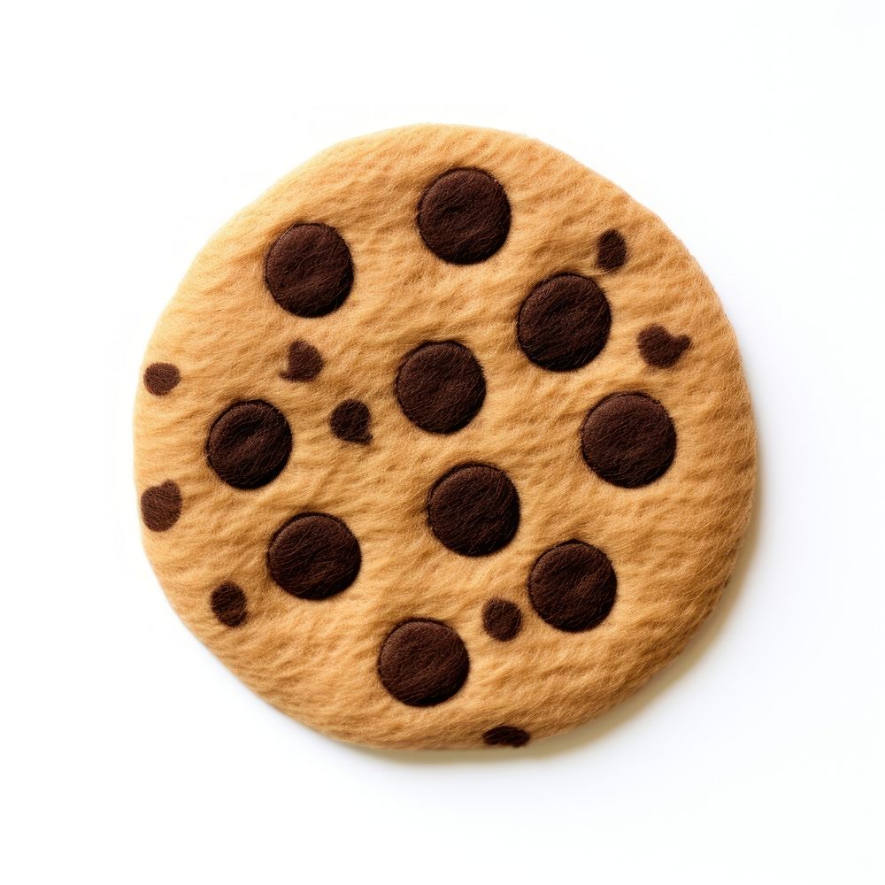 Felt stickers of a single chocolate chip cookie confectionery biscuit sweets.