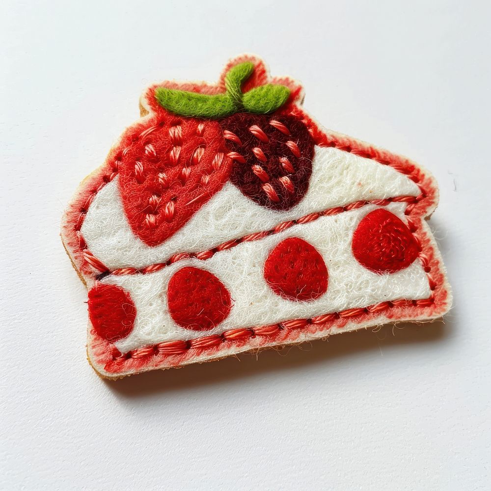 Felt stickers of a single stawberry cheese cake strawberry sweatshirt clothing.