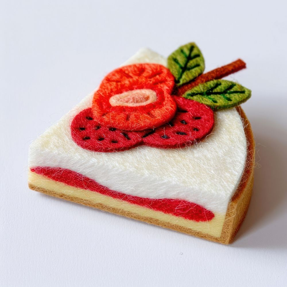 Felt stickers of a single stawberry cheese cake confectionery dessert pattern.