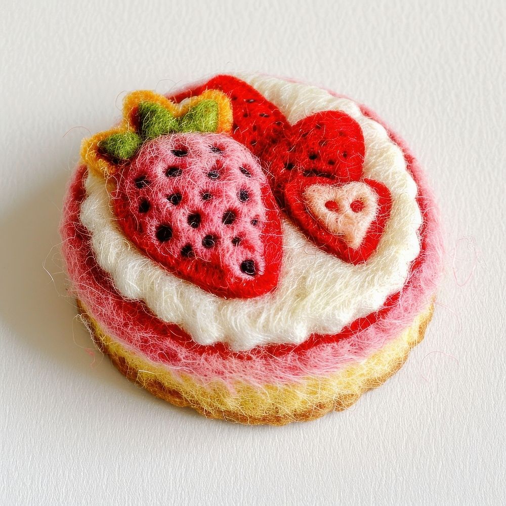 Felt stickers of a single stawberry cheese cake confectionery strawberry dessert.