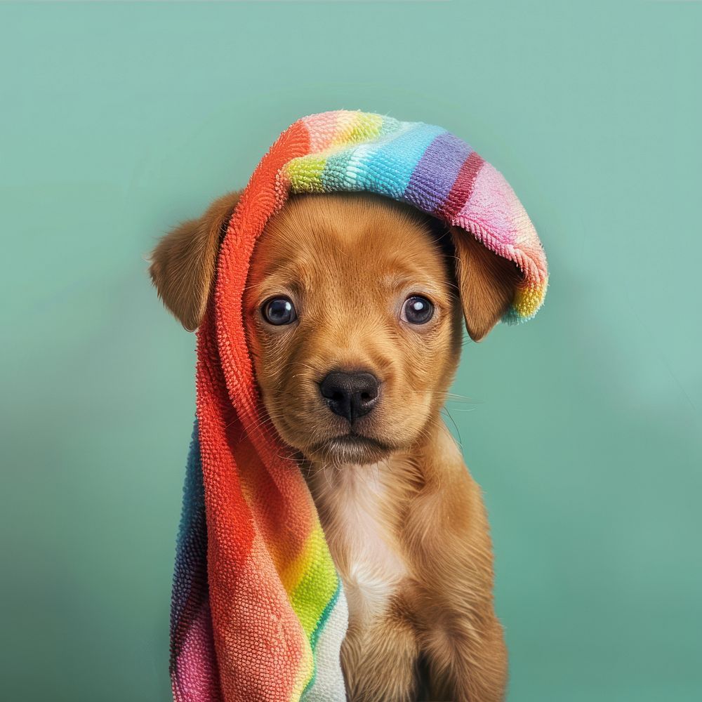 Puppy with rainbow towel blanket mammal animal.