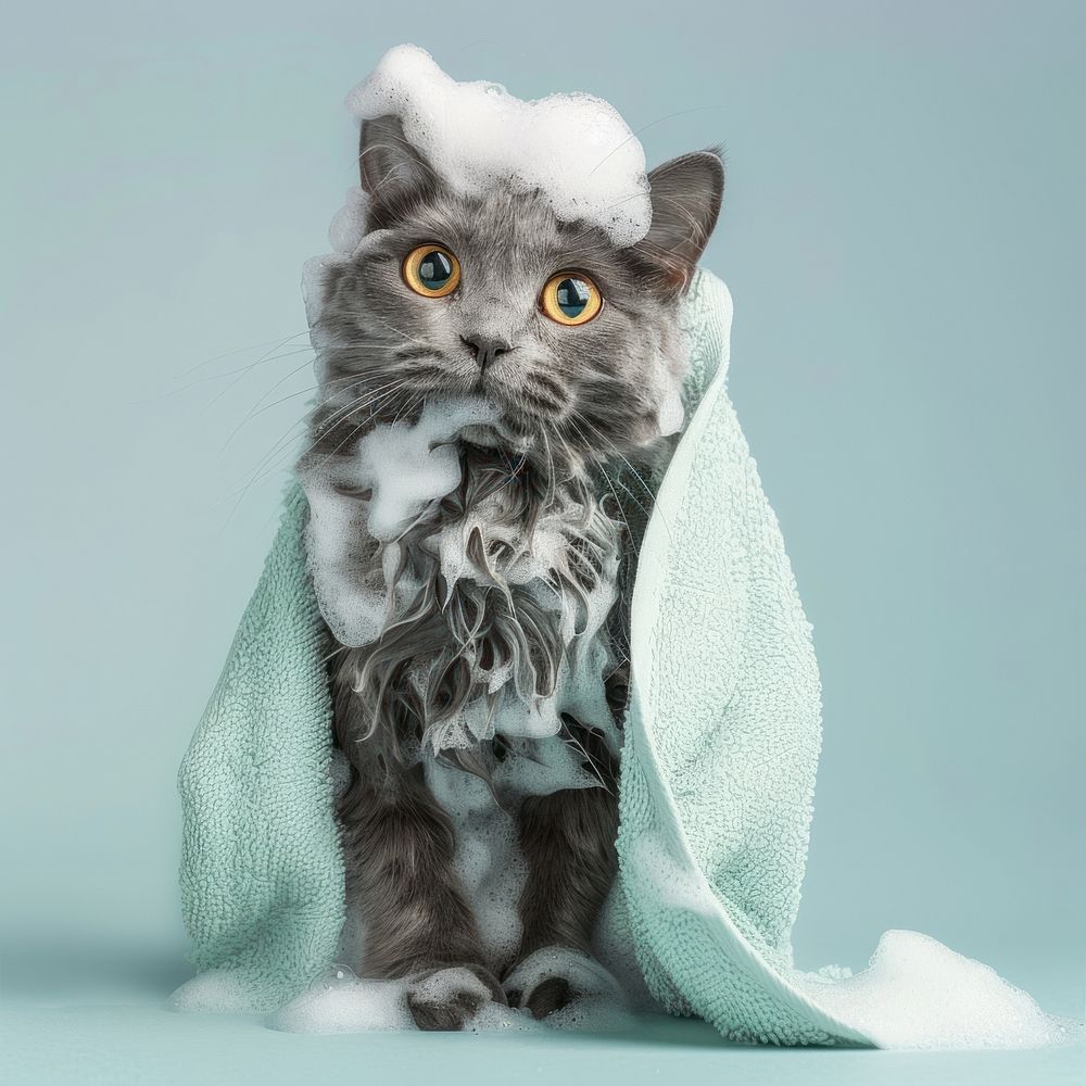 Cat with light green towel mammal animal kitten.