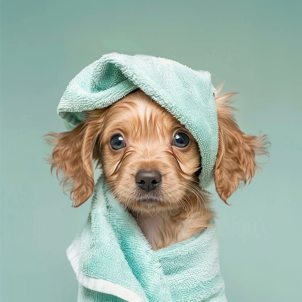 Puppy with towel mammal animal dog.