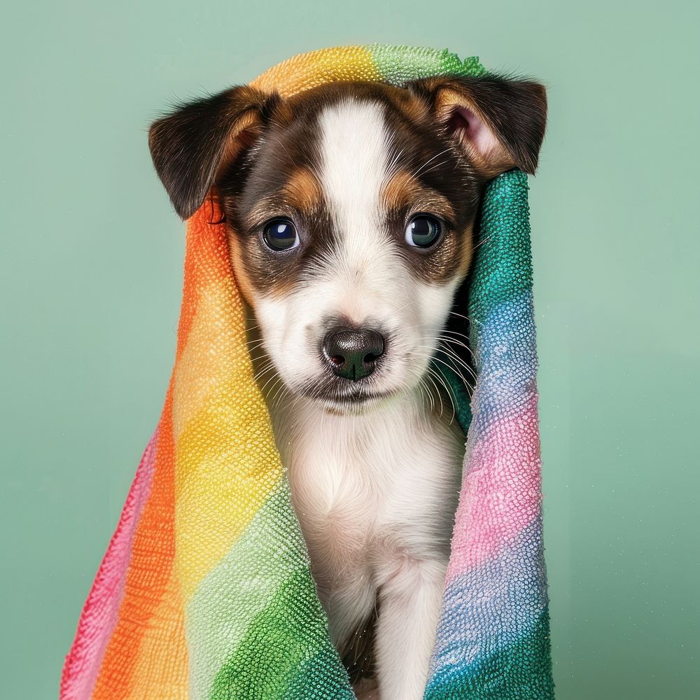 Puppy with rainbow towel blanket mammal animal.