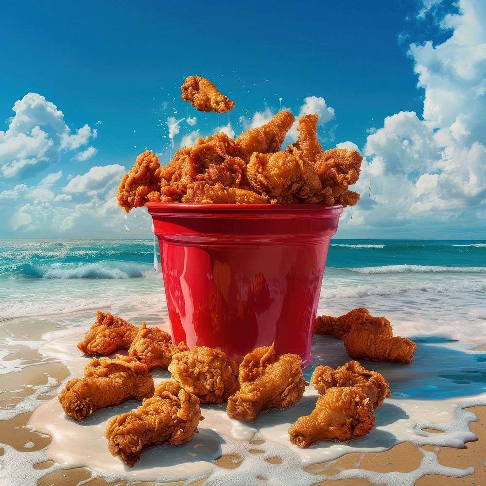 Red bucket of fried chicken food.