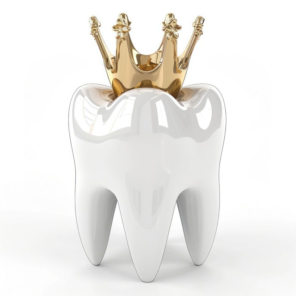 Gold crown on white tooth white background accessories toothbrush.