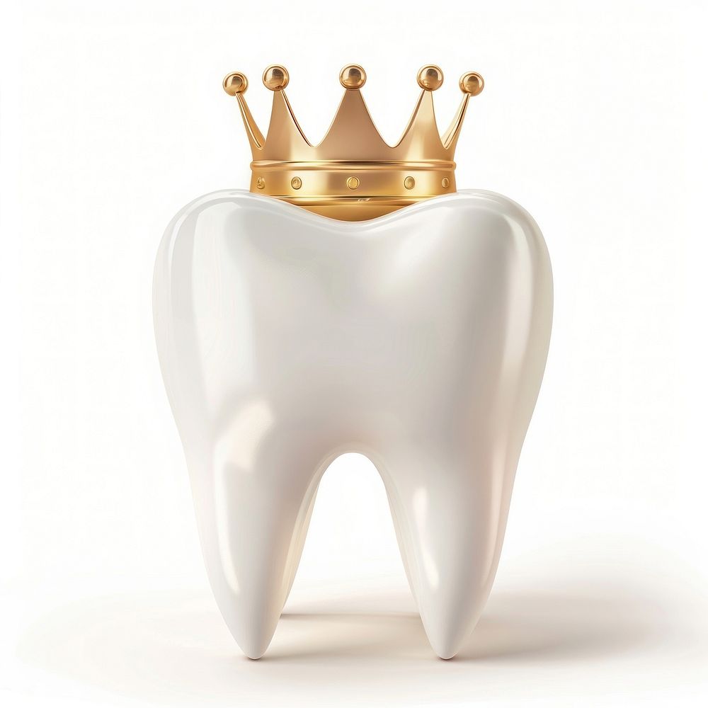 White tooth 3D illustration crown gold white background.