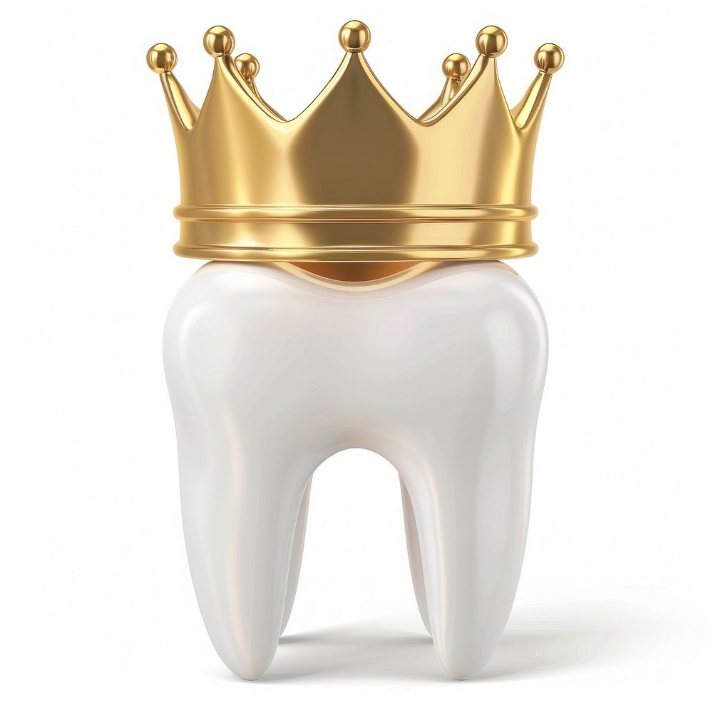 White tooth 3D illustration crown gold white background.