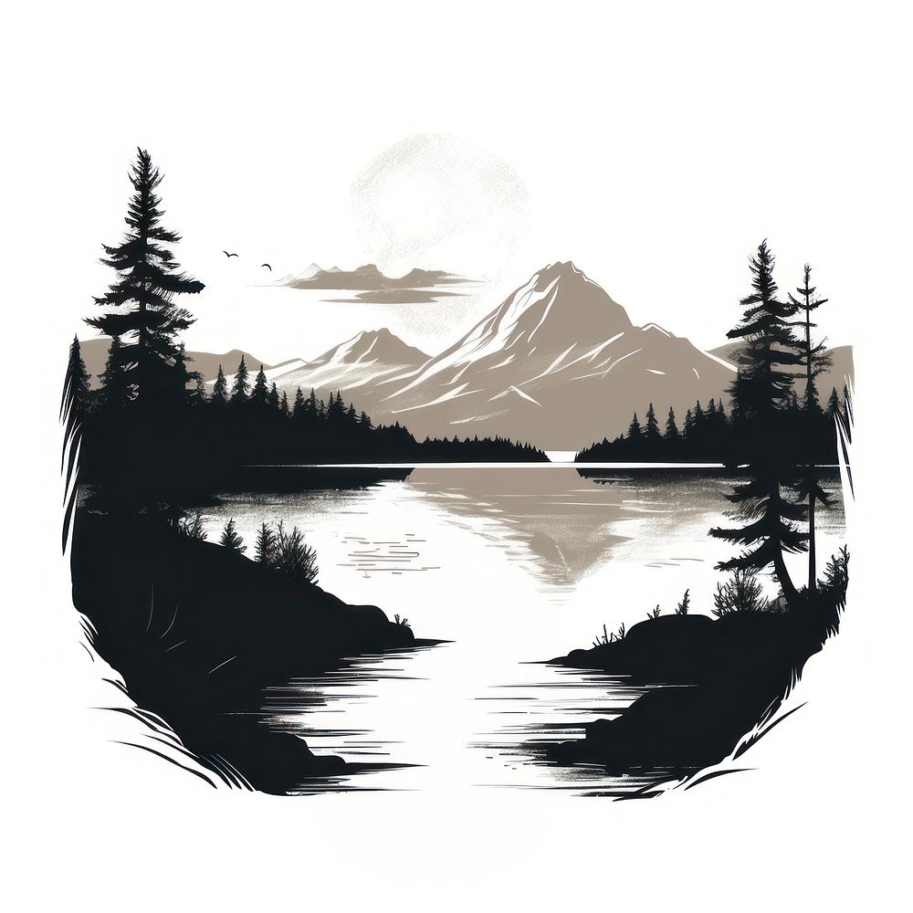 Lake silhouette illustrated vegetation.