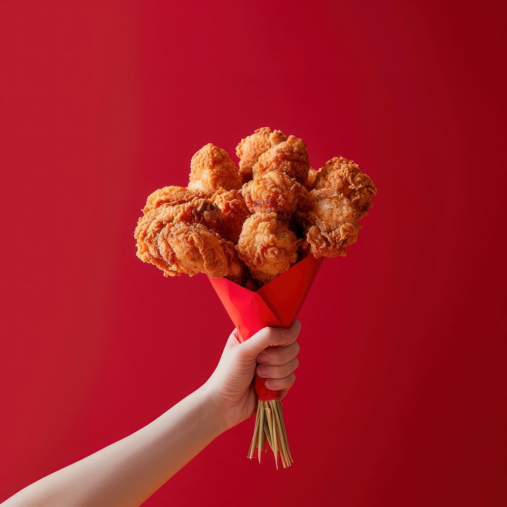 Hand holding a bouquet of fried chicken fritters food.