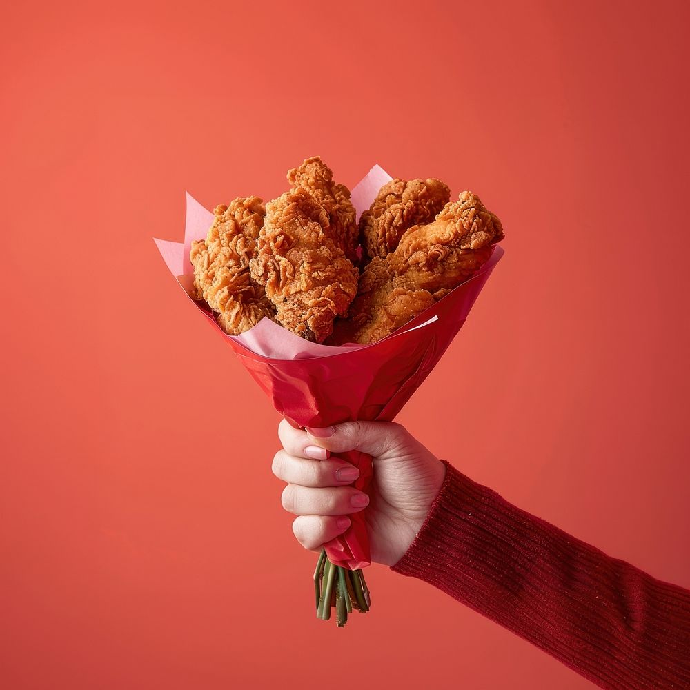 Hand holding a bouquet of fried chicken fritters food food presentation.