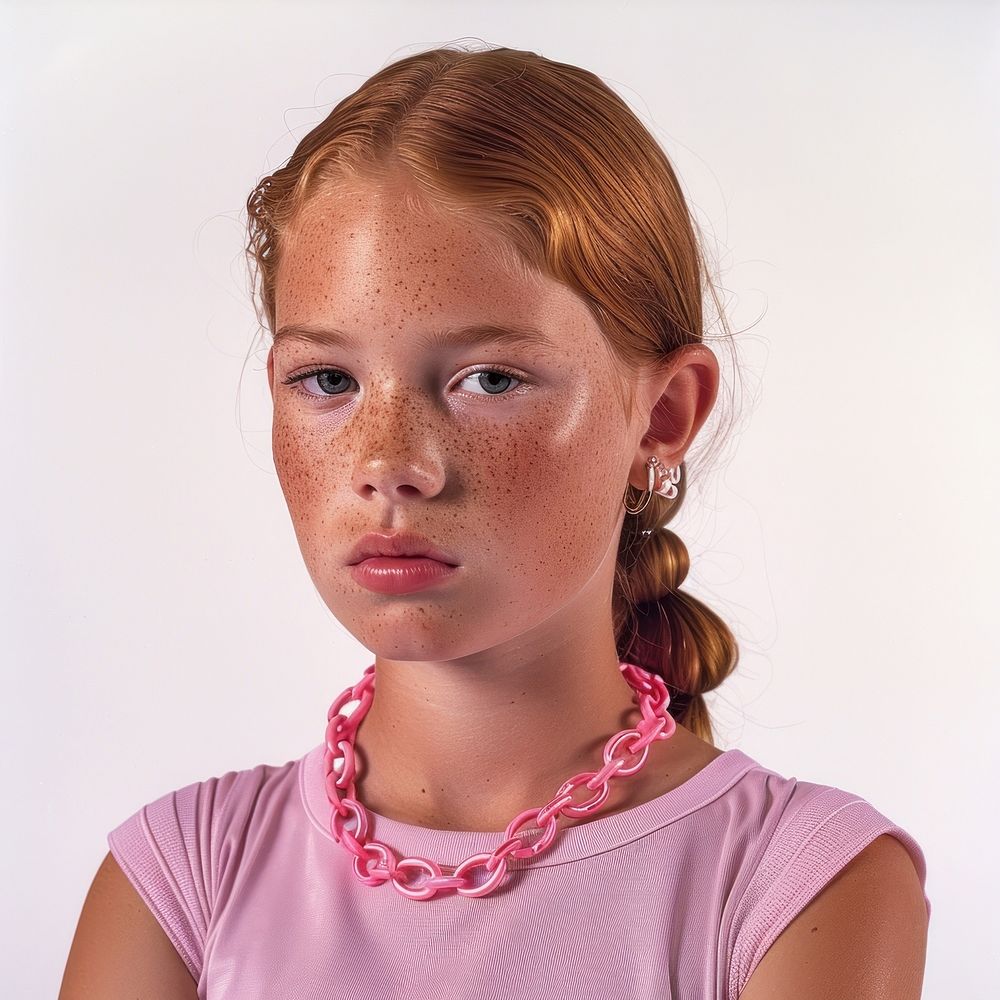 Teen girl with freckless necklace portrait jewelry.