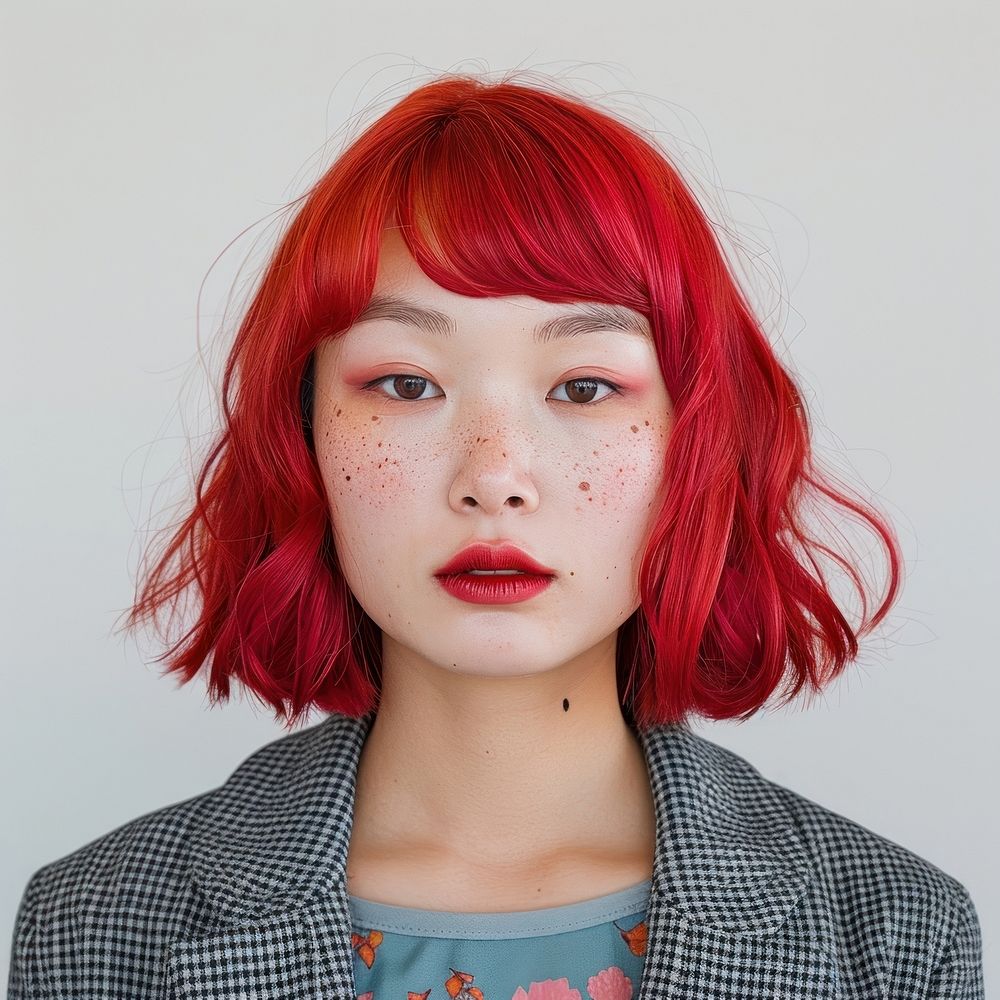 Asian woman hair face red hair.