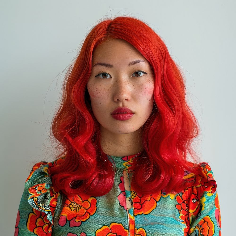 Asian woman hair red hair clothing.