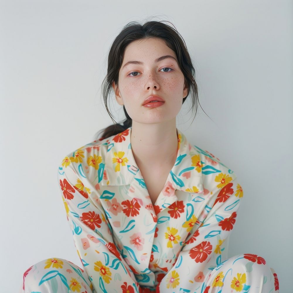 Female wearing pajamas face clothing apparel.