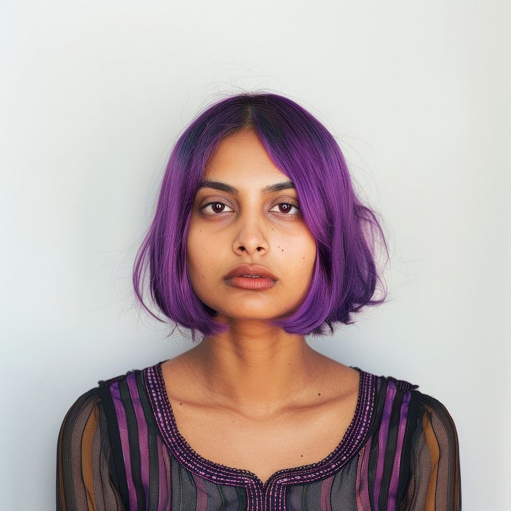 Indian woman portrait purple photo.