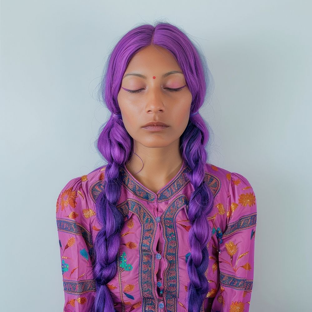 Indian woman purple hair clothing.