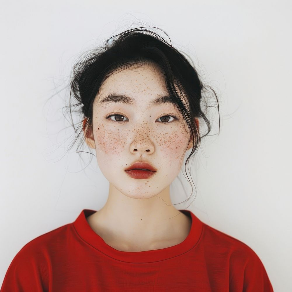 Japanese woman with freckles portrait photo face.